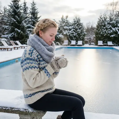 Scandinavian Girl Enjoying a Drink by the Frozen Pool