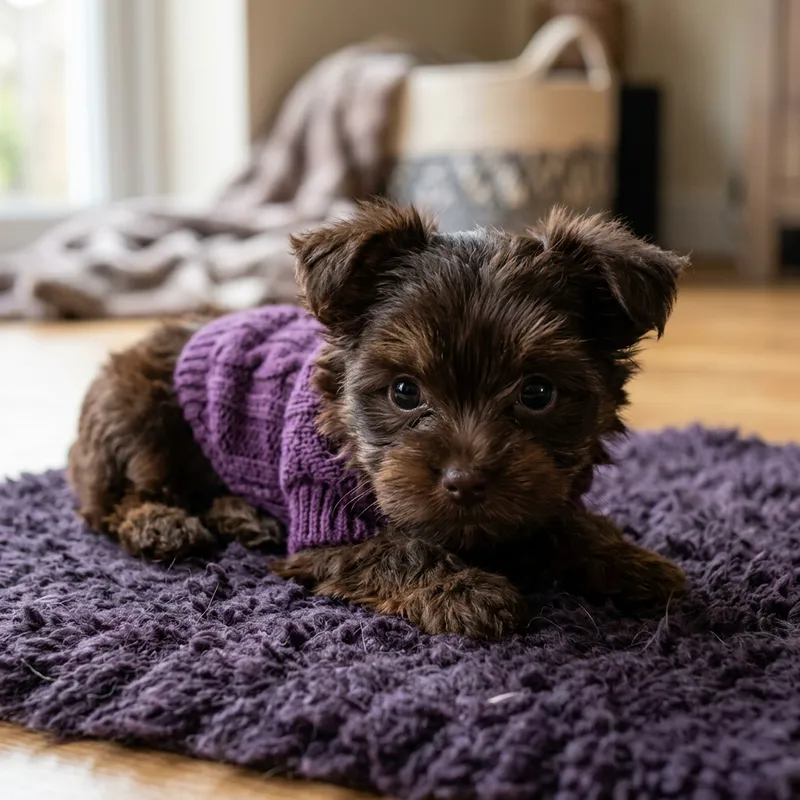 Adorable Full Chocolate Brown Yorkie Puppy in Sweater