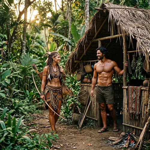 Tribal Woman Returning Home from Hunting with Muscular Husband