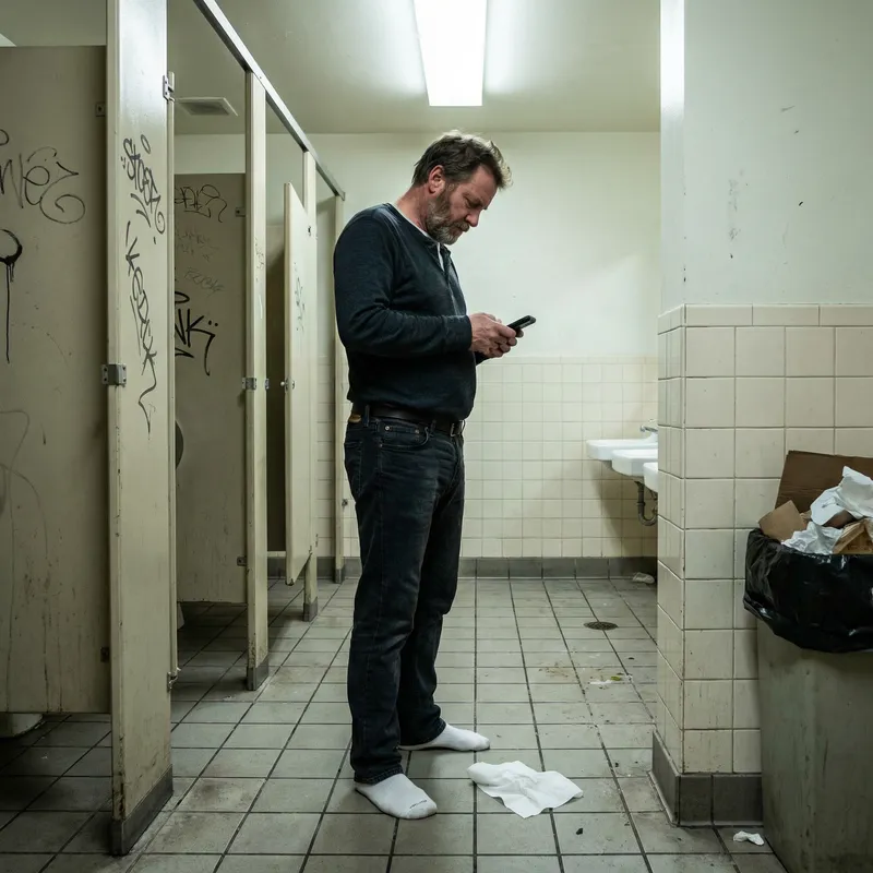 Man in Jeans and White Socks in Dirty Restroom