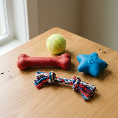 Vibrant Dog Toys Display: Minimalistic Joy for Canine Friends