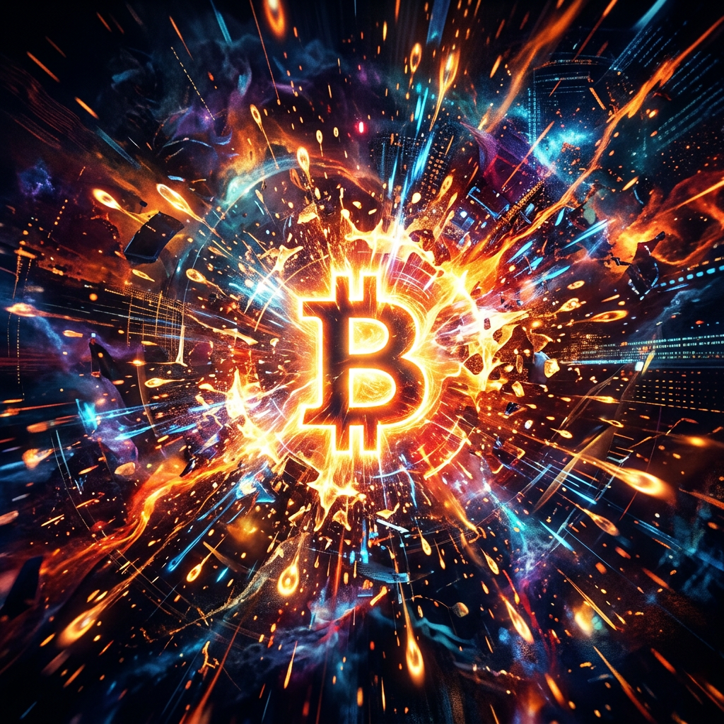 Vibrant Bitcoin Explosion Artwork | Dynamic Crypto Image | AI Art