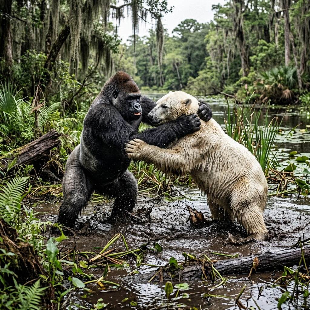 Intense Gorilla and Polar Bear Wrestling Display in Swamp | AI Art