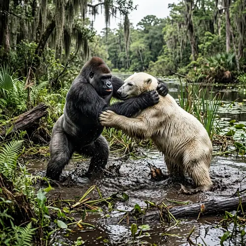 Intense Gorilla vs Polar Bear Wrestling Match in Swamp