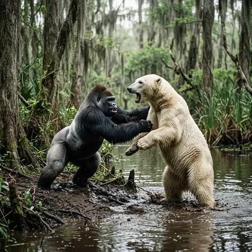 Gorilla vs Polar Bear Showdown in Swamp: Wildlife Conflict
