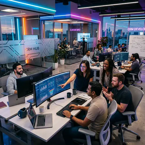 Futuristic CRM Development Hub | Innovative Corporate Office