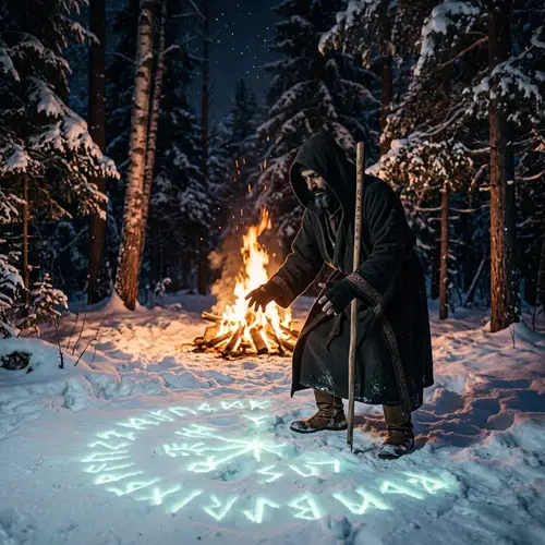 Enigmatic Middle-Eastern Shaman in Snowy Forest - Mystical Scene