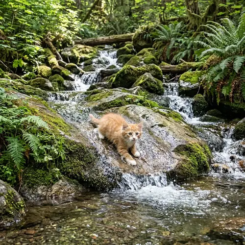 Cute Kitten Sliding Down a Waterfall