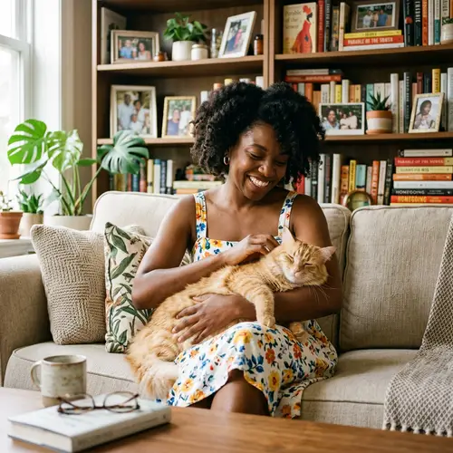 Joyful Black Female with Ginger Cat | Cozy Living Room Image