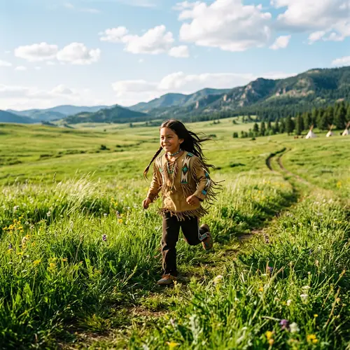 Native American Boy Running in Green Fields