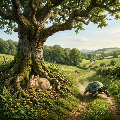 Tranquil Hare Sleeping Under Tree | Determined Tortoise Running