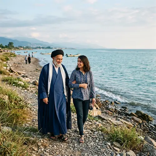 Shiite Cleric by Caspian Sea Guiding Woman