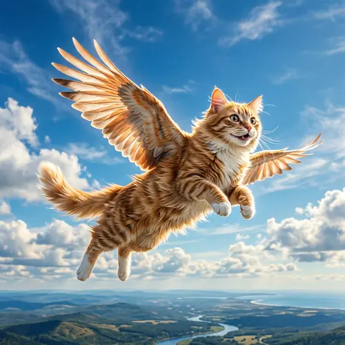 Majestic Flying Feline Soaring Through Blue Sky