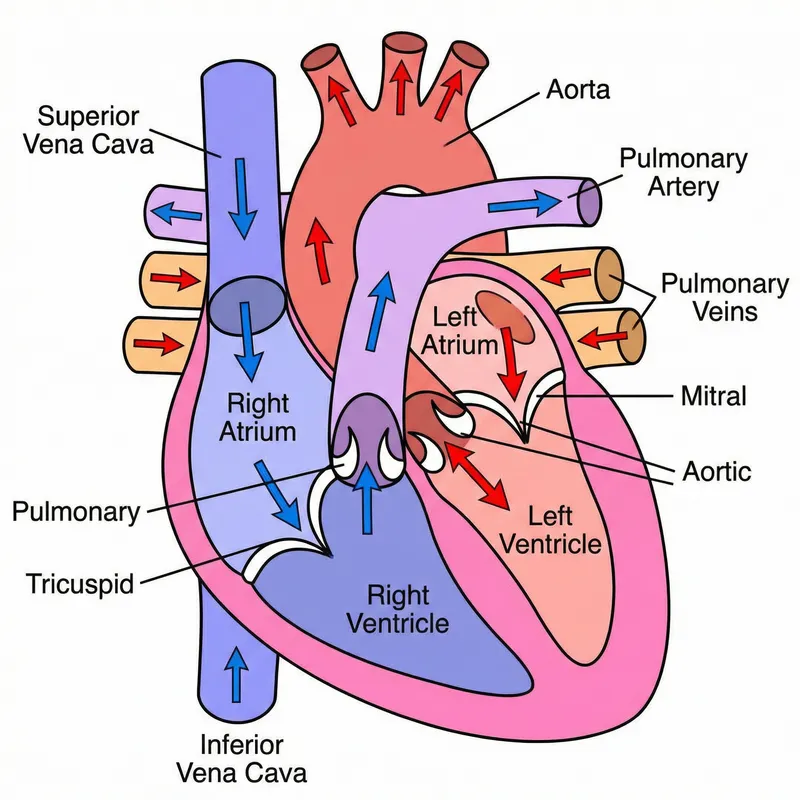 Diagram of Human Heart with Labeled Chambers and Vessels