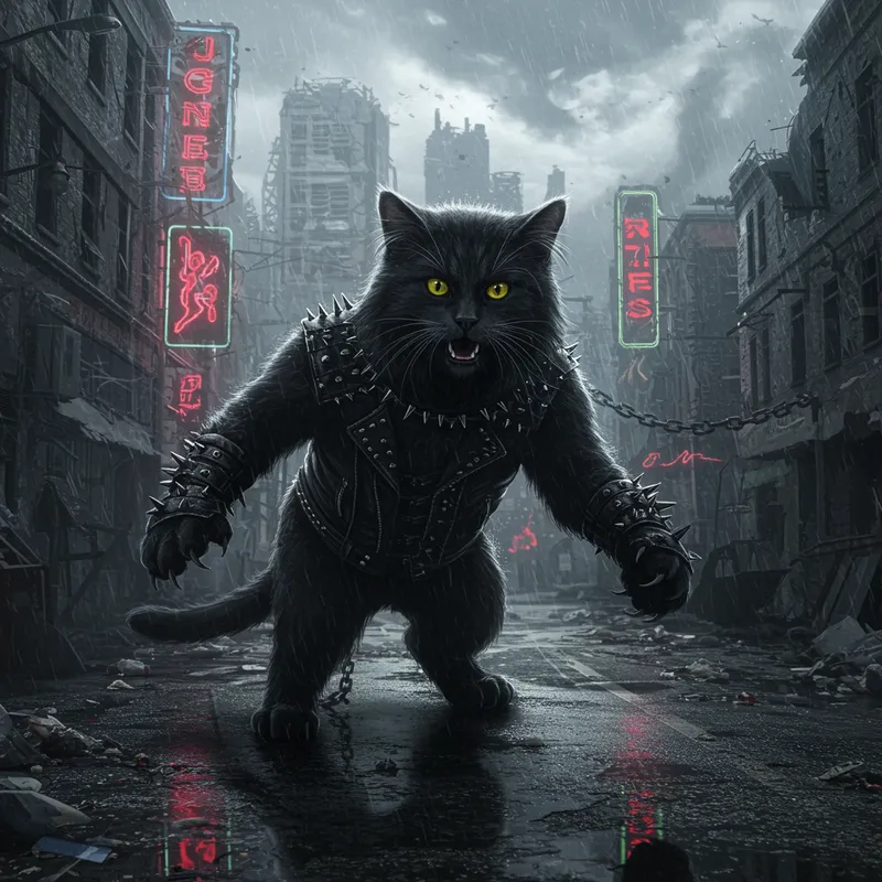 Heavy Metal Cat in Dystopian Rainy City