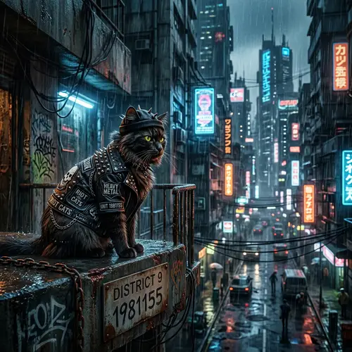 Heavy Metal Cat in Dystopian Rainy City