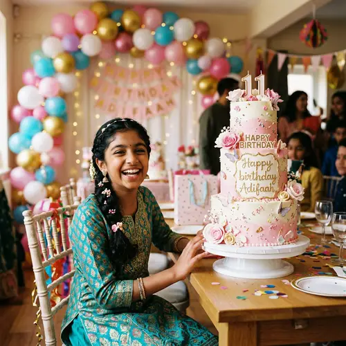 Happy Birthday Adifaah: 11-Year-Old Girl with Three-Tier Cake