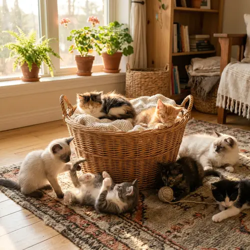 Adorable Kittens Playing and Snoozing in Cozy Basket