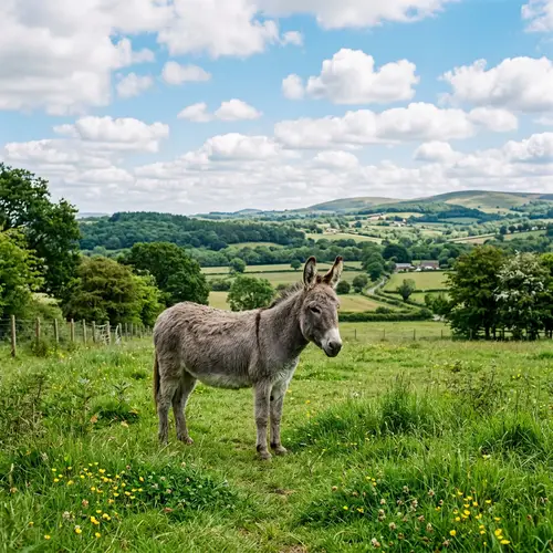 Tranquil Donkey in Green Field | Rural Landscape View