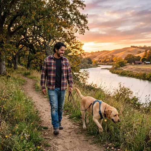Hispanic Man with Labrador Retriever on Countryside Trail