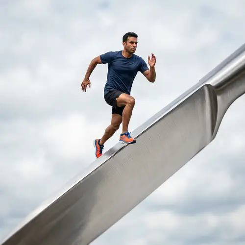 South Asian Man Sprinting on Colossal Knife Blade