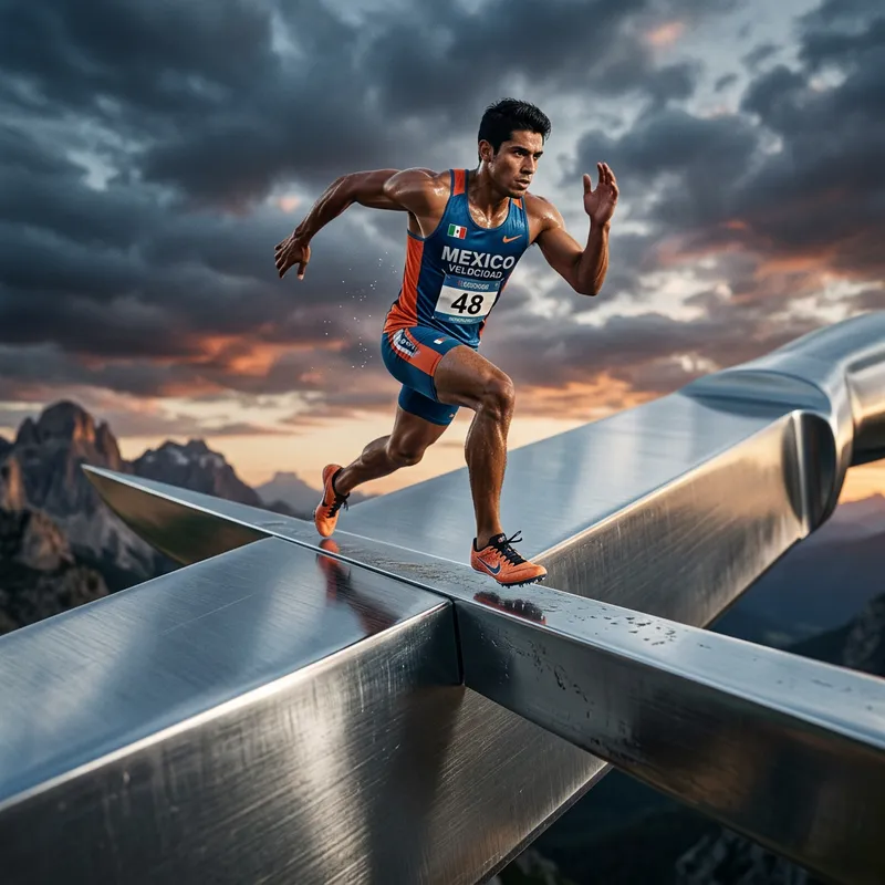 Hispanic Male Athlete Sprinting on Giant Knife - Striking Image