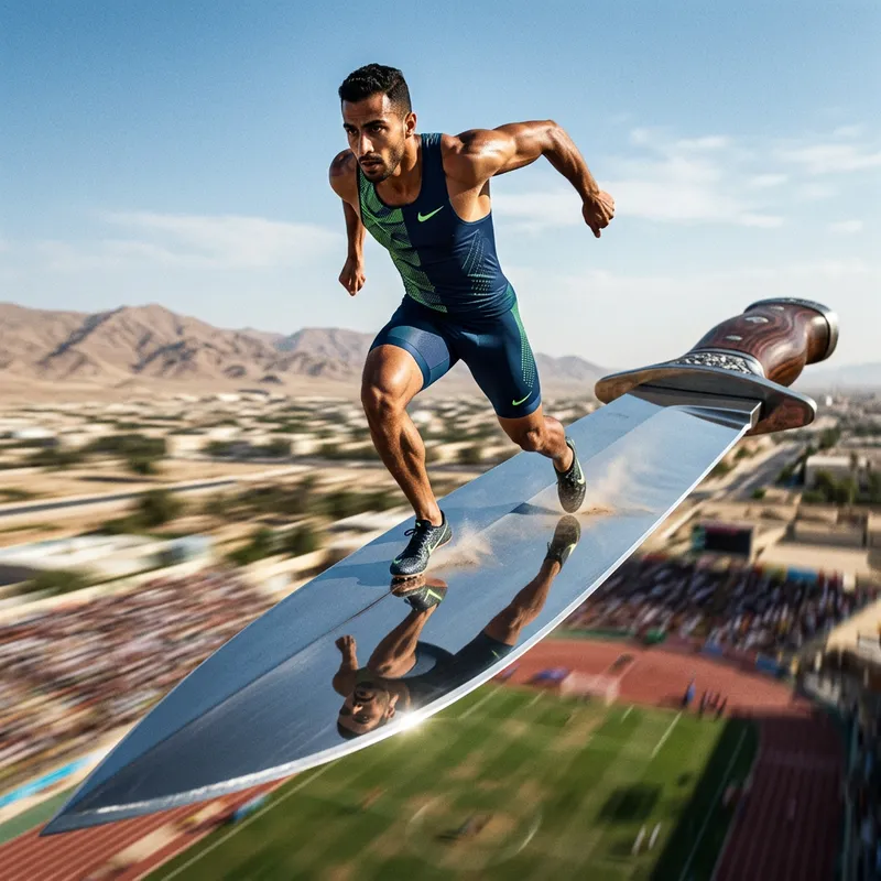 Adventurous Middle-Eastern Athlete on Enormous Knife Blade