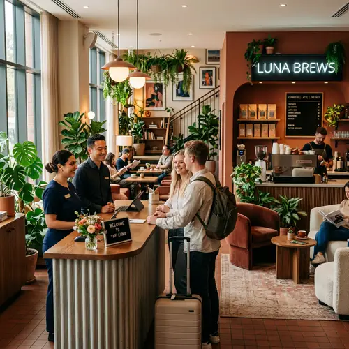 Modern Lifestyle Hotel Reception: Cozy Decor, Friendly Staff & Fresh Coffee