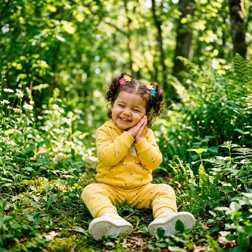 Adorable Two-Year Old Girl with Flower Pigtails in Bright Yellow Tracksuit