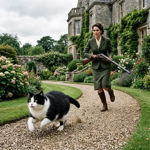 Playful Cat Running Away from Elegantly Dressed Woman