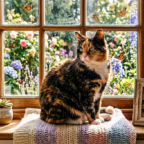 Calico Domestic Cat Sitting in Sunlit Window | Tranquil Scene