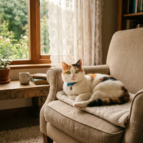 Adorable White Cat with Orange and Black Spots on Armchair