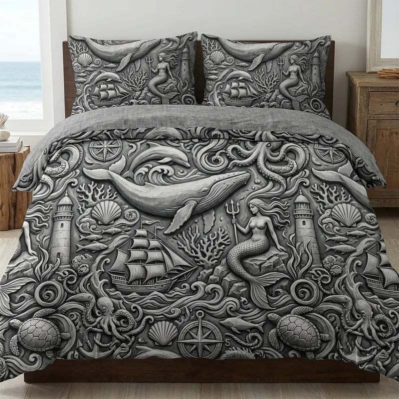 Sea Themed Monochrome Marine Elements Bed Linens | AI Art Generator ...