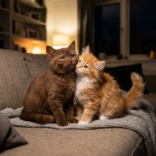 Adorable Blue-eyed Kitten Camaraderie on a Cozy Nighttime Couch