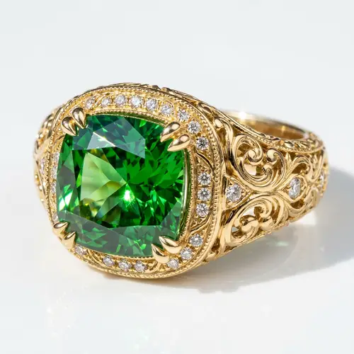 Elegant Baroque Gold Ring with Tsavorite Cushion