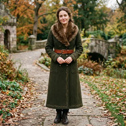 Warm Olive Green Long Coat with Faux Fur Collar