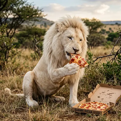 White Lion Eating Pizza - Unique Wildlife Dining Experience