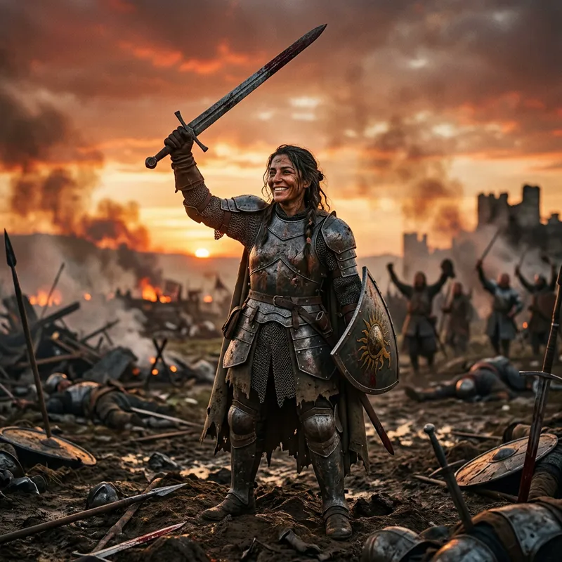 Female Warrior Victory at Sunset