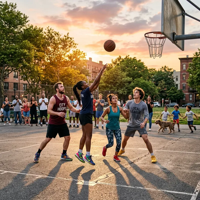 Vibrant Local Neighborhood Basketball Game at Dusk Vibrant Local Neighborhood Basketball Game at Dusk
