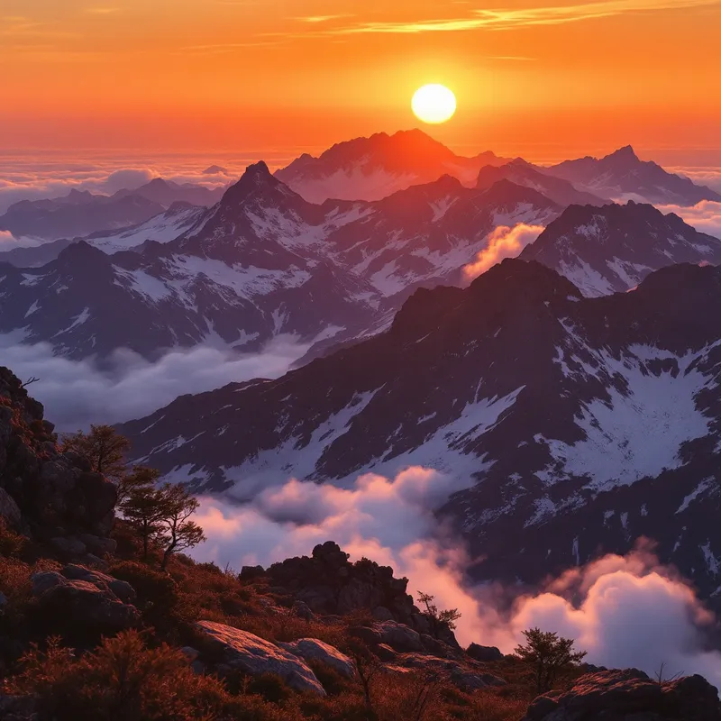 1980 Mountain Sunset with Flying Birds