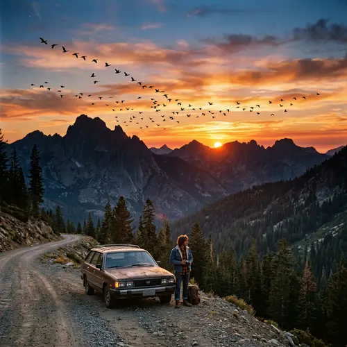 1980 Mountain Sunset with Flying Birds