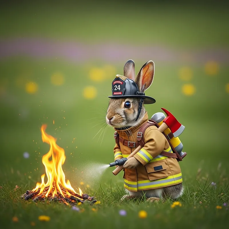 Wild Rabbit Dressed as Firefighter