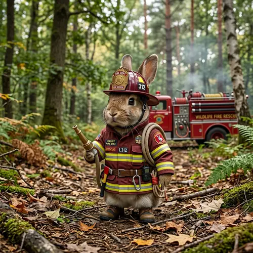 Wild Rabbit Dressed as Firefighter