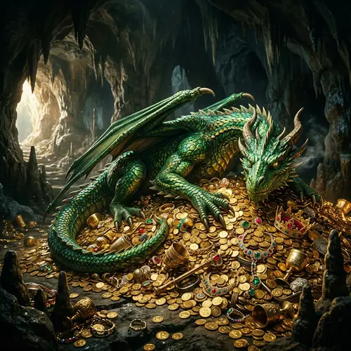 Shiny Green Dragon Guarding Gold Treasure in Mythical Cave