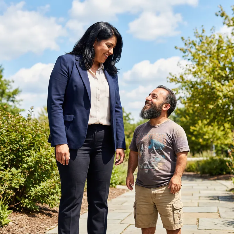 Contrast in Height and Style: Stylish Woman and Casual Man