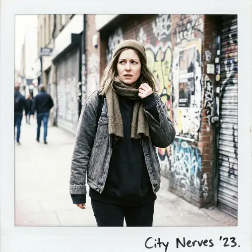 Raw Street Style Polaroid Featuring Anxious Woman in a Cityscape