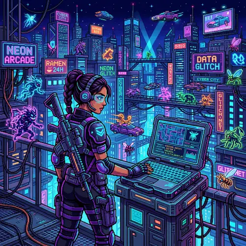 8-Bit Cyberpunk City with Virtual Creatures and Futuristic Laptop