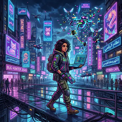 Cyberpunk Cityscape: Digital Bug Infestation | Female Hunter Pixel Art