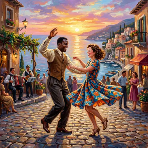 Energetic Mid-30s Couple Swinging Dance in Coastal City Sunset