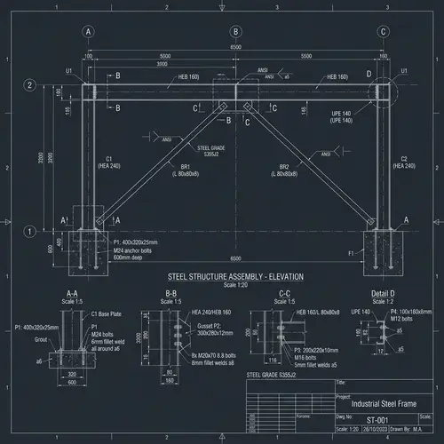 Detailed Steel Structure 2D CAD Drawing